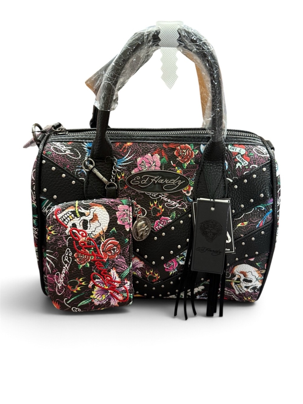 Ed Hardy Black Floral Skull Satchel with Matching Wristlet